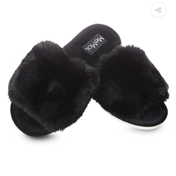MeMoi Black Fuzzy Faux Fur Slippers - Picture 1 of 6